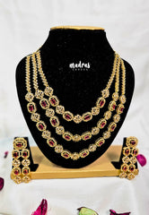 Premium 1 Gram Gold polish AD Stone Trendy Bridal Multi Layer Reddish Pink Stone Necklace with Earrings
