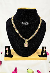 Premium 1 Gram Gold polish AD Stone Trendy Baby Pink Stone Necklace with Earrings