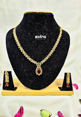 Premium 1 Gram Gold polish AD Stone Trendy Ruby Red Stone Necklace with Earrings