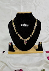 Premium 1 Gram Gold polish AD Stone Trendy Design White, Ruby and Green Stone Flower Pendant Necklace with Earrings