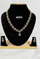 Premium 1 Gram Gold polish AD Stone Trendy Design White, Ruby and Green Stone Ruby Pendant Necklace with Earrings