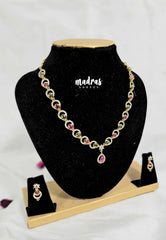 Premium 1 Gram Gold polish AD Stone Trendy Design White, Ruby and Green Stone Ruby Pendant Necklace with Earrings