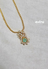 Premium 1 Gram Gold polish AD Stone Trendy Pendant with Light Green Stone Long Chain