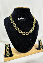 Premium 1 Gram Gold polish AD Stone Trendy Unique Design with Emerald Green Stone Necklace and Earrings