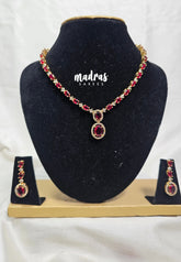 Premium 1 Gram Gold polish AD Stone Trendy Unique Design with Ruby Red Stone Necklace and Earrings