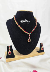 Premium 1 Gram Gold polish AD Stone Trendy Unique Design with Ruby Red Stone Necklace and Earrings