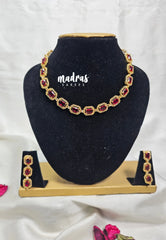 Premium 1 Gram Gold polish AD Stone Trendy Unique Design with Dark Red Stone Necklace and Earrings