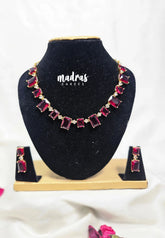 Premium 1 Gram Gold polish AD Stone Trendy Unique Design with Ruby Red Box Stone Necklace and Earrings