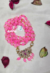 Premium 1 Gram Gold polish Trendy Layered Mala with Light Pink Beads and Pendant