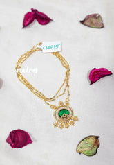 Premium 1 Gram Gold polish AD Stone Trendy Lakshmi Pendant with Emerald Green Stone Long Chain