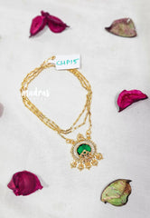 Premium 1 Gram Gold polish AD Stone Trendy Lakshmi Pendant with Emerald Green Stone Long Chain