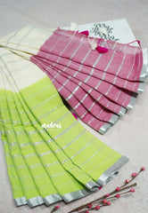 Triple color - 2-in-1 Reversible Mul Cotton Saree with Silver zari