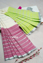 Triple color - 2-in-1 Reversible Mul Cotton Saree with Silver zari