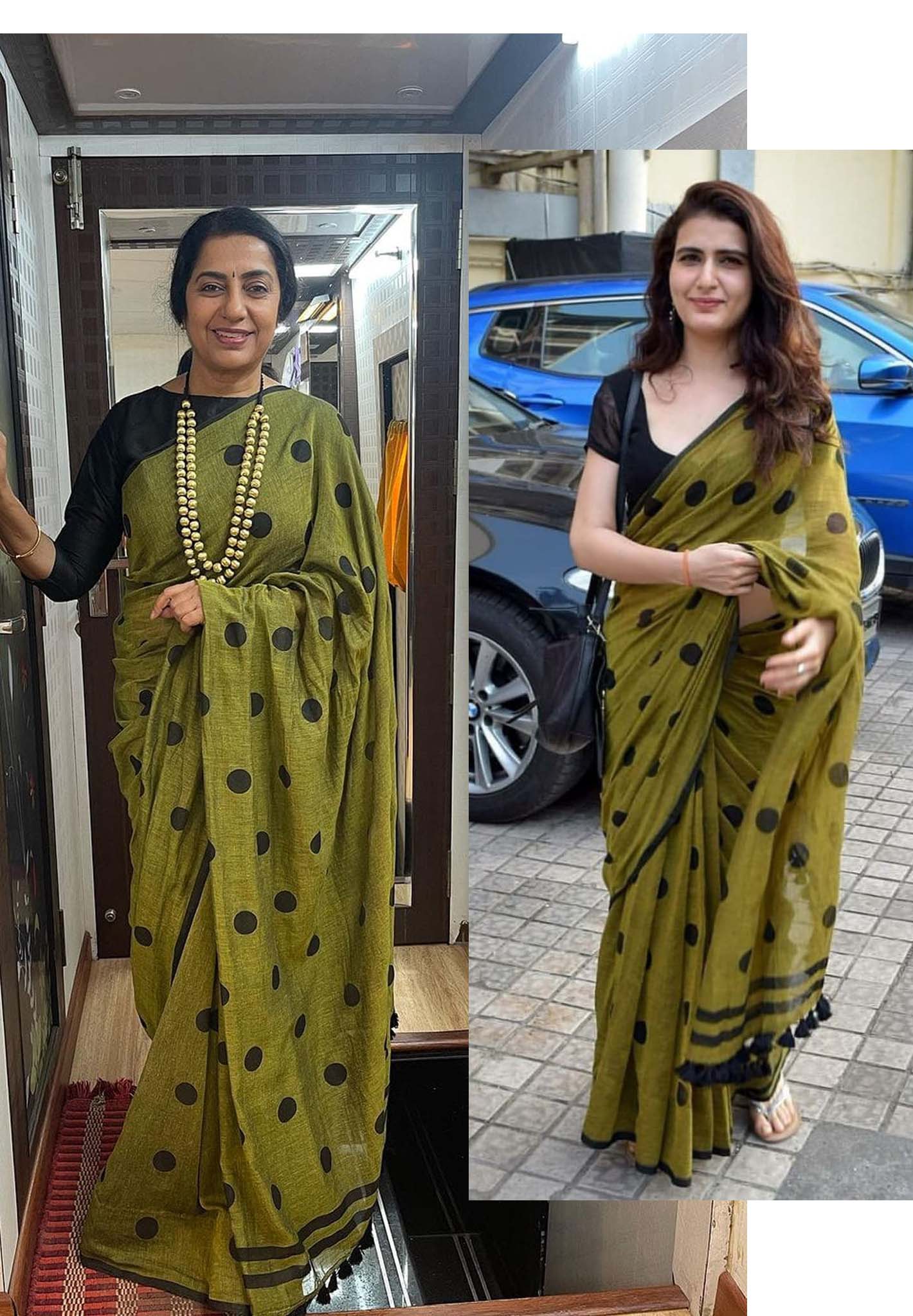 Polka dots Khadi Mehandi green - Actress Suhasini saree - Madras Sarees
