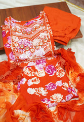 Bright Orange - READYMADE Cotton Nyra Cut Anarkali Kurti Set - Top, Bottom and Dupatta - Best for Small Functions