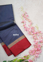 Shadow Blue with Maroon - Arani semi silk saree with weaving plus buttas - Best for Regular Wear | Temple visit