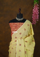 Butter Yellow - Aathini - Telugu Letters Handblock Printed Bamboo Cotton Double Blouse Combo