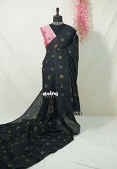 (PRE-BOOKING) Nightfall Black - Aathini - Tamizh Letters Handblock Printed Bamboo Cotton - Double Blouse Combo