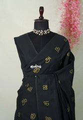(PRE-BOOKING) Nightfall Black - Aathini - Tamizh Letters Handblock Printed Bamboo Cotton - Double Blouse Combo