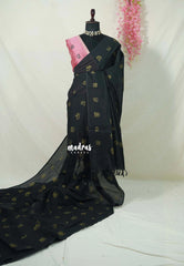 (PRE-BOOKING) Nightfall Black - Aathini - Tamizh Letters Handblock Printed Bamboo Cotton - Double Blouse Combo