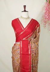 Multicolor with Red - Premium Ajrakh Modal Style Printed Silk with Rettapet Rudraksham Border - Best for Small Funtions