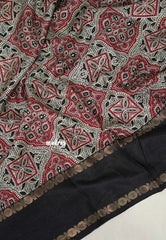 (PRE-BOOKING) Multicolor with Black - Premium Ajrakh Modal Style Printed Silk with Rettapet Rudraksham Border - Best for Small Funtions