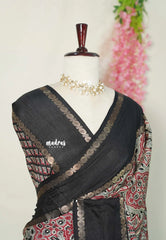 (PRE-BOOKING) Multicolor with Black - Premium Ajrakh Modal Style Printed Silk with Rettapet Rudraksham Border - Best for Small Funtions