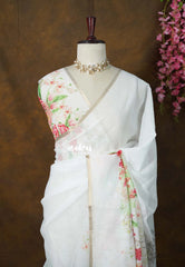 Snow White - Soft Alia linen cotton saree with Floral Prints for Teachers | 7 Narrow Pleats Drape | Under ₹1000
