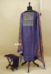 Amitha – Violet Purple Semi silk salwar suit with mural digital printed dupatta cotton bottom