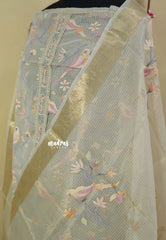 Amitha – Taupe - Tissue silk heavy work bird embroidery set with sheer banarasi dupatta