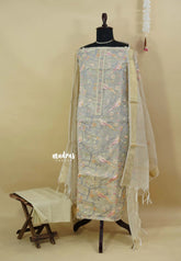 Amitha – Taupe - Tissue silk heavy work bird embroidery set with sheer banarasi dupatta