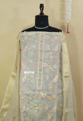 Amitha – Taupe - Tissue silk heavy work bird embroidery set with sheer banarasi dupatta