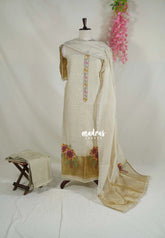 Amitha – Ivory Beige - Premium Chanderi Silk with Hand Stitched Embroidery Un Stitched Salwar Suit 3 Piece Set