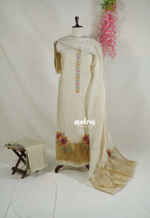 Amitha – Ivory Beige - Premium Chanderi Silk with Hand Stitched Embroidery Un Stitched Salwar Suit 3 Piece Set