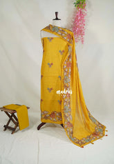 Amitha – Mustard Yellow - Premium Soft Linen Salwar Suit with Kalamkari and Kantha Stitched 3 piece set