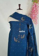 Amitha β Peacock Blue - Premium Cotton Silk Salwar Suit with Big Embroidery Peacock Motif and Weaving Buttas 3 piece set
