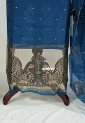 Amitha β Peacock Blue - Premium Cotton Silk Salwar Suit with Big Embroidery Peacock Motif and Weaving Buttas 3 piece set