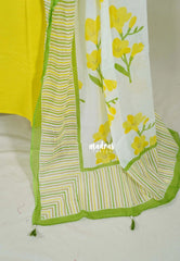 Amitha - Bright Greenish Yellow - Handspun Pure Cotton with Thread Sequins and zarodzi on yoke Salwar Material - Best for Office Wear