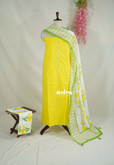 Amitha - Bright Greenish Yellow - Handspun Pure Cotton with Thread Sequins and zarodzi on yoke Salwar Material - Best for Office Wear