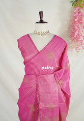 Rose Pink with Lace - ANJALI - Soft Tissue linen Saree with Kolam Prints with Lace Work - Perfect for Festive Wear