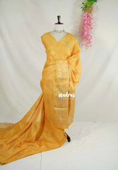 Mustard Yellow with Lace - ANJALI - Soft Tissue linen Saree with Kolam Prints with Lace Work - Perfect for Festive Wear