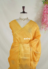 Mustard Yellow with Lace - ANJALI - Soft Tissue linen Saree with Kolam Prints with Lace Work - Perfect for Festive Wear