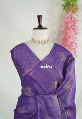 Royal Purple with Lace - ANJALI - Soft Tissue linen Saree with Kolam Prints with Lace Work - Perfect for Festive Wear