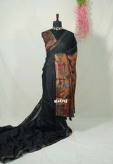 Nightfall Black - Ananya - Soft Mangalore Silk Plain Saree with Kalamkari Pallu and Blouse - Best for Casual Gatherings