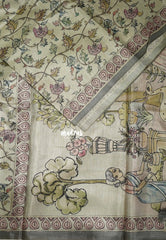 Muted Beige with Grey - Ananya - Soft Mangalore Silk Saree with Garden Prints - Best for Office Wear