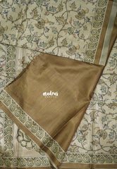 Muted Beige with Mustard Brown - Ananya - Soft Mangalore Silk Saree with Garden Prints - Best for Office Wear