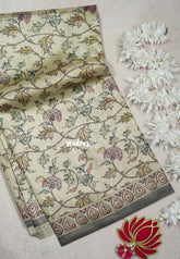 Muted Beige with Grey - Ananya - Soft Mangalore Silk Saree with Garden Prints - Best for Office Wear