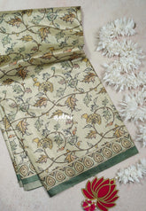 Muted Beige with Seafoam Green - Ananya - Soft Mangalore Silk Saree with Garden Prints - Best for Office Wear