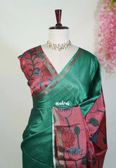 Classic Green - Ananya - Soft Mangalore Silk Plain Saree with Kalamkari Pallu and Blouse - Best for Casual Gatherings
