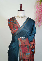 Dark Teal Blue - Ananya - Soft Mangalore Silk Plain Saree with Kalamkari Pallu and Blouse - Best for Casual Gatherings